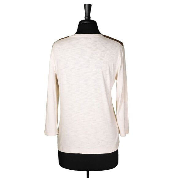 Ralph Lauren Womens Blouse Beige Brown Faux Leather Button 3/4 Sleeve Knit Top L - Picture 2 of 8